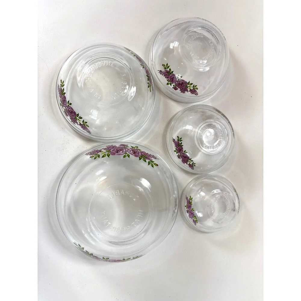 Vintage Imperial Glass Purple Floral Rose Nesting Bowl Set 5 Piece Heat Resists